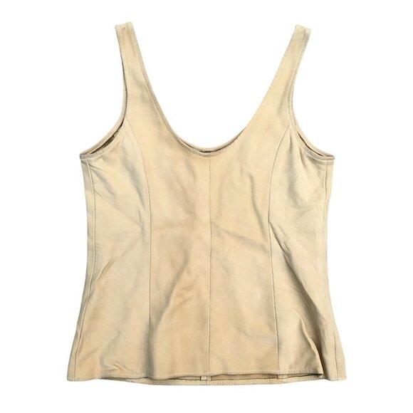 MICHAEL HOBAN Women's Vintage 90s SMALL North Beach Leather Tan Tank Top Shirt‍‍ - Picture 1 of 7
